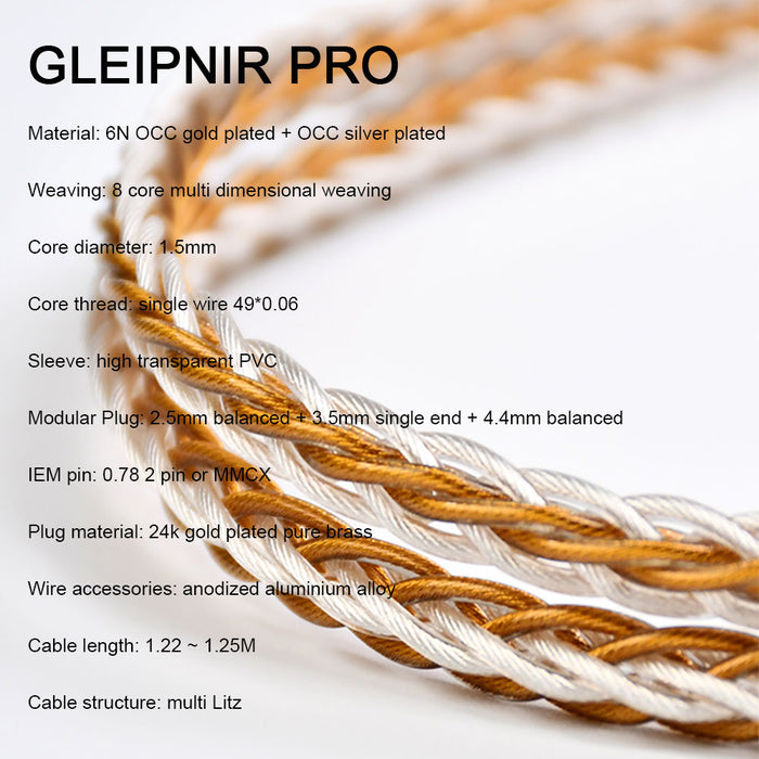 Kinera Gleipnir Pro Upgrade Detachable Headphone Cable 6N OCC Gold Plated - 2.5/3.5/4.4mm Balanced Plugs for HiFi Earphone IEMs - Kinera